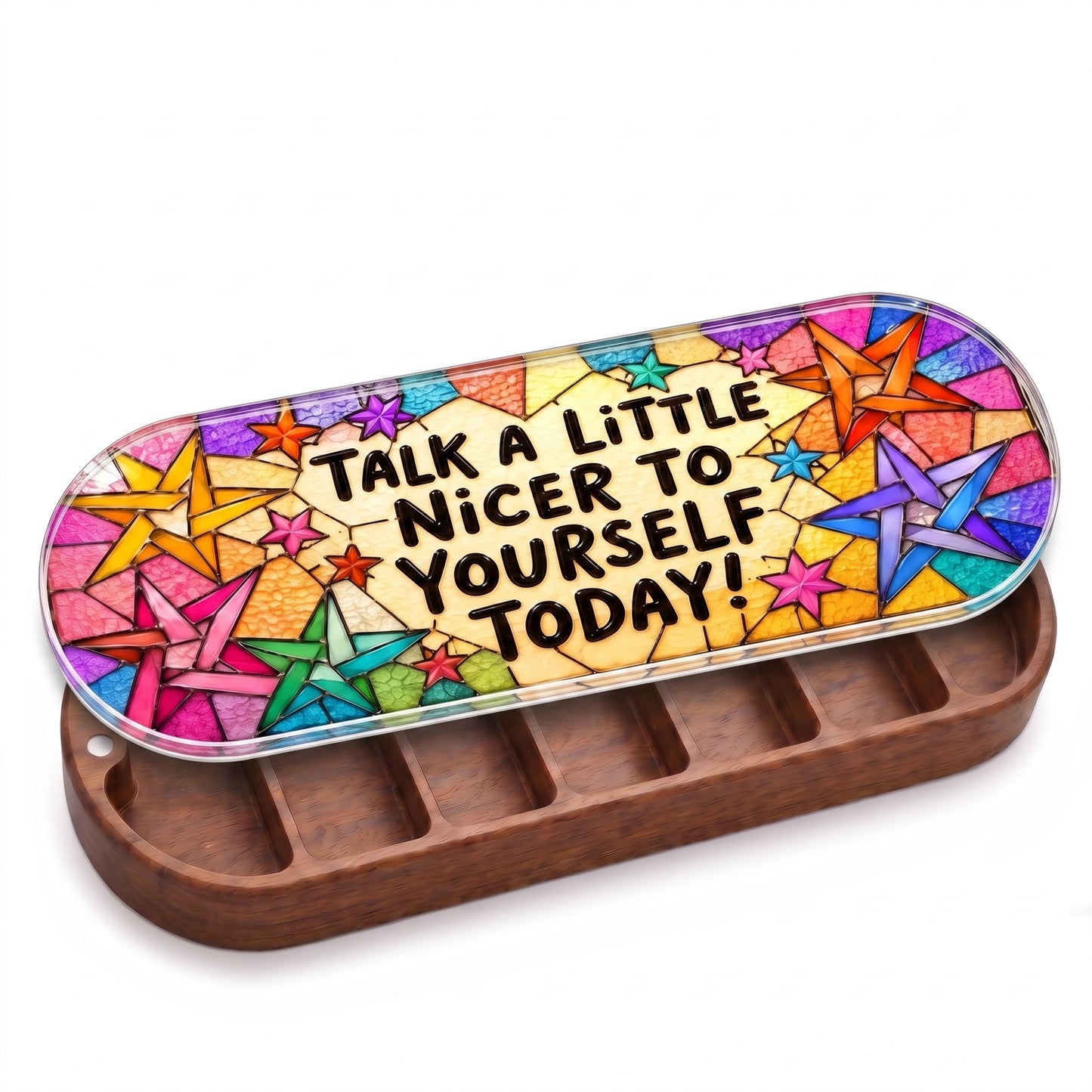 Open wooden Talk a Little Nicer to Yourself Today Pillcase with colorful stained-glass-style stars on white