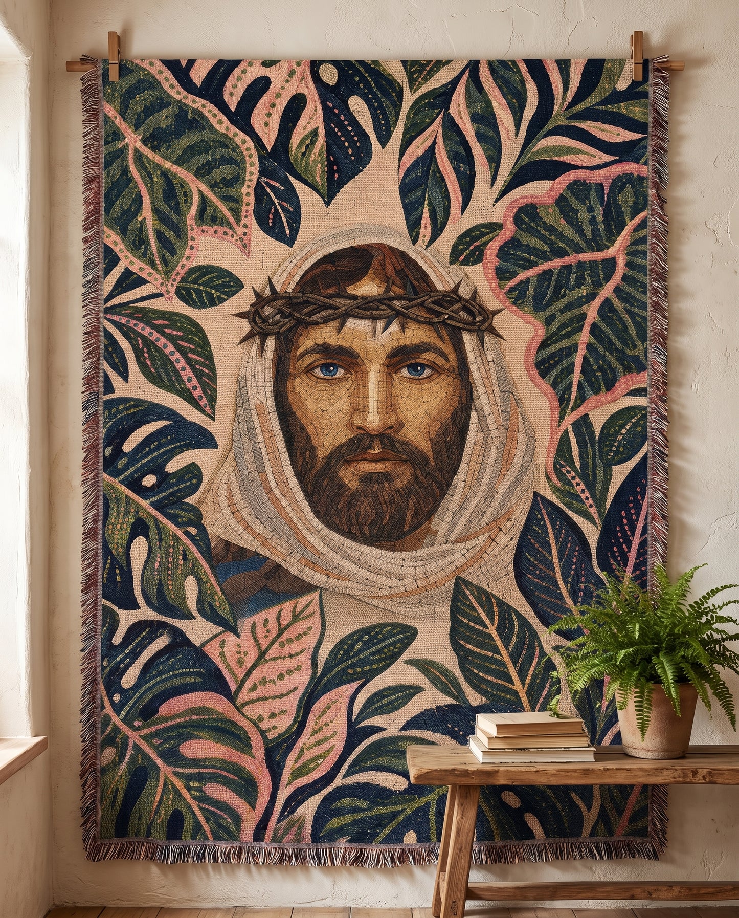 Wall tapestry styling - Crowned in Grace Tropical Jesus Woven Blanket