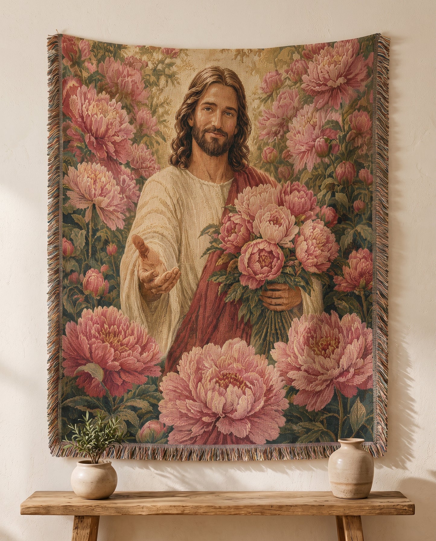 Wall tapestry styling - Jesus Bouquet of Grace Floral Woven Blanket