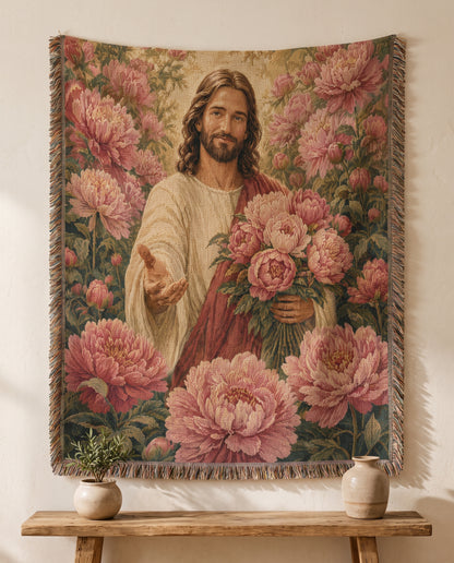 Wall tapestry styling - Jesus Bouquet of Grace Floral Woven Blanket