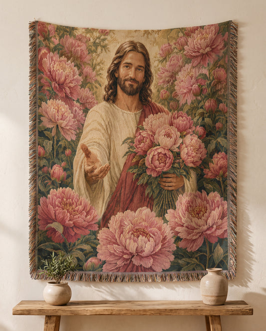 Wall tapestry styling - Jesus Bouquet of Grace Floral Woven Blanket