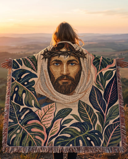 Outdoor lifestyle mockup - Crown of thorns tropical Jesus woven blanket