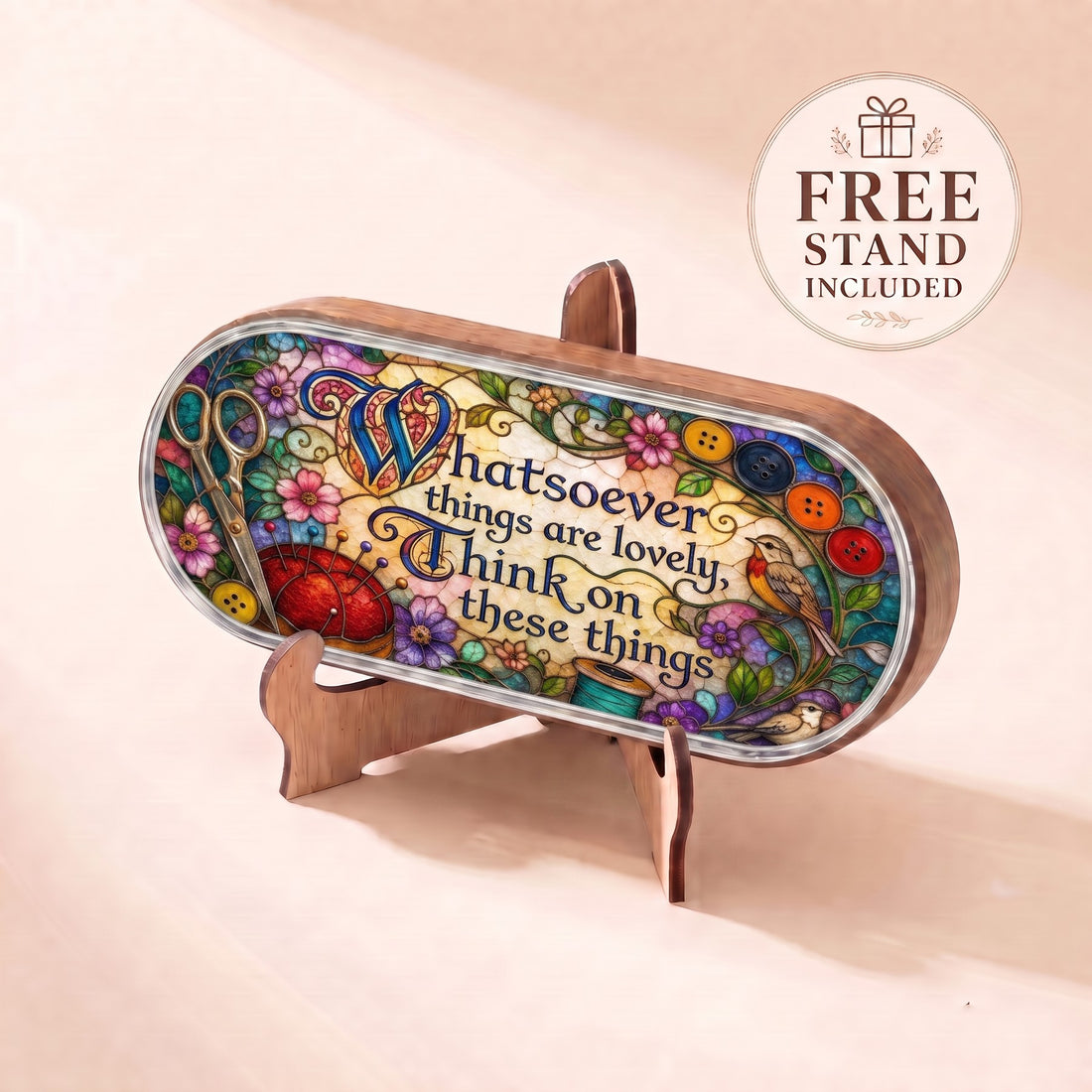Whatsoever Things Are Lovely sewing and songbirds Pillcase displayed on included wooden stand