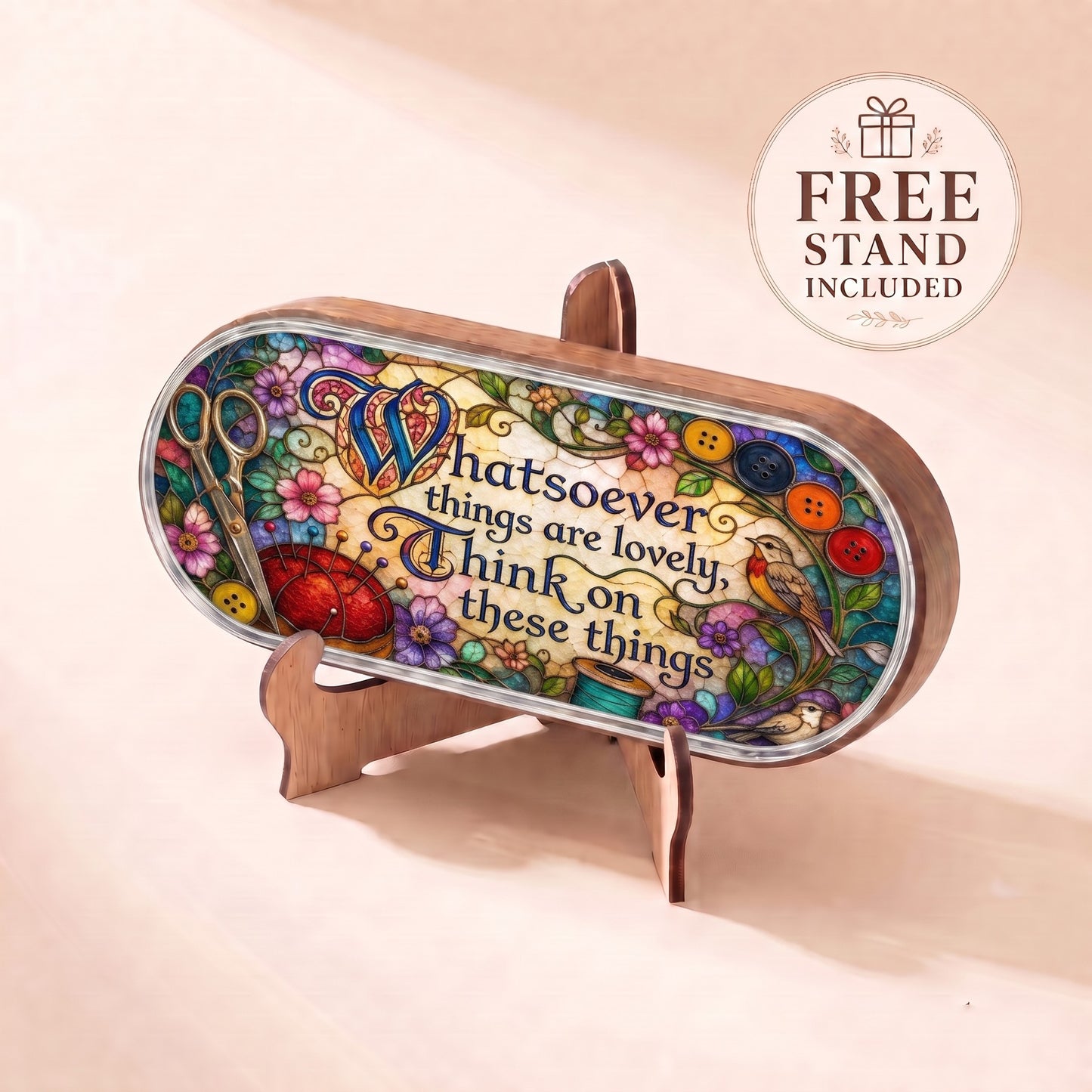 Whatsoever Things Are Lovely sewing and songbirds Pillcase displayed on included wooden stand