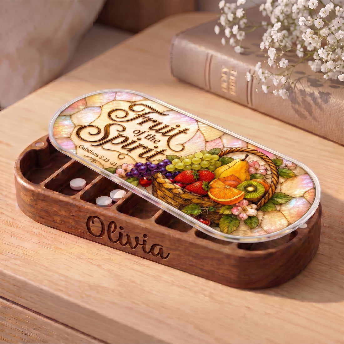 Personalized Olivia Fruit of the Spirit Pillcase with pearlescent fruit basket lid
