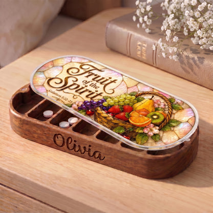 Personalized Olivia Fruit of the Spirit Pillcase with pearlescent fruit basket lid