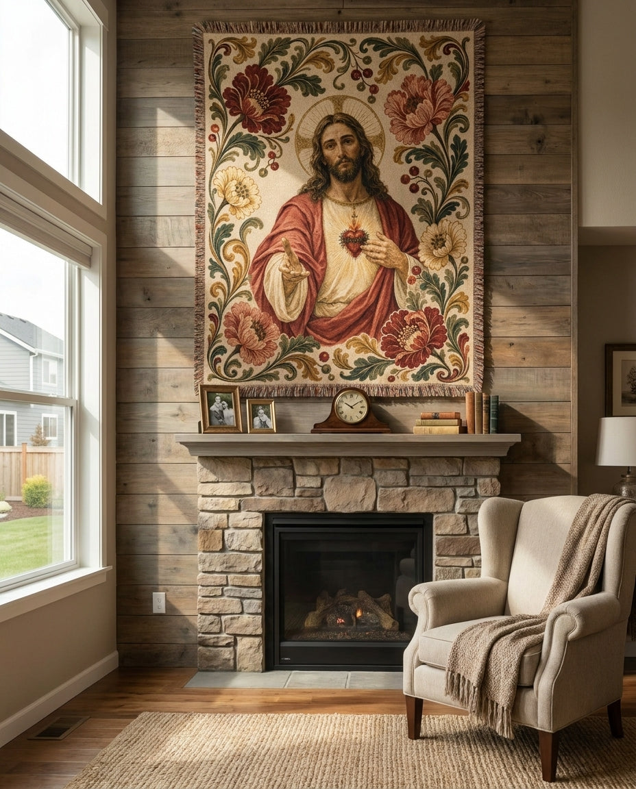 Fireplace wall tapestry styling - Sacred Heart Jesus Floral Woven Blanket
