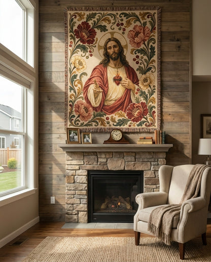 Fireplace wall tapestry styling - Sacred Heart Jesus Floral Woven Blanket