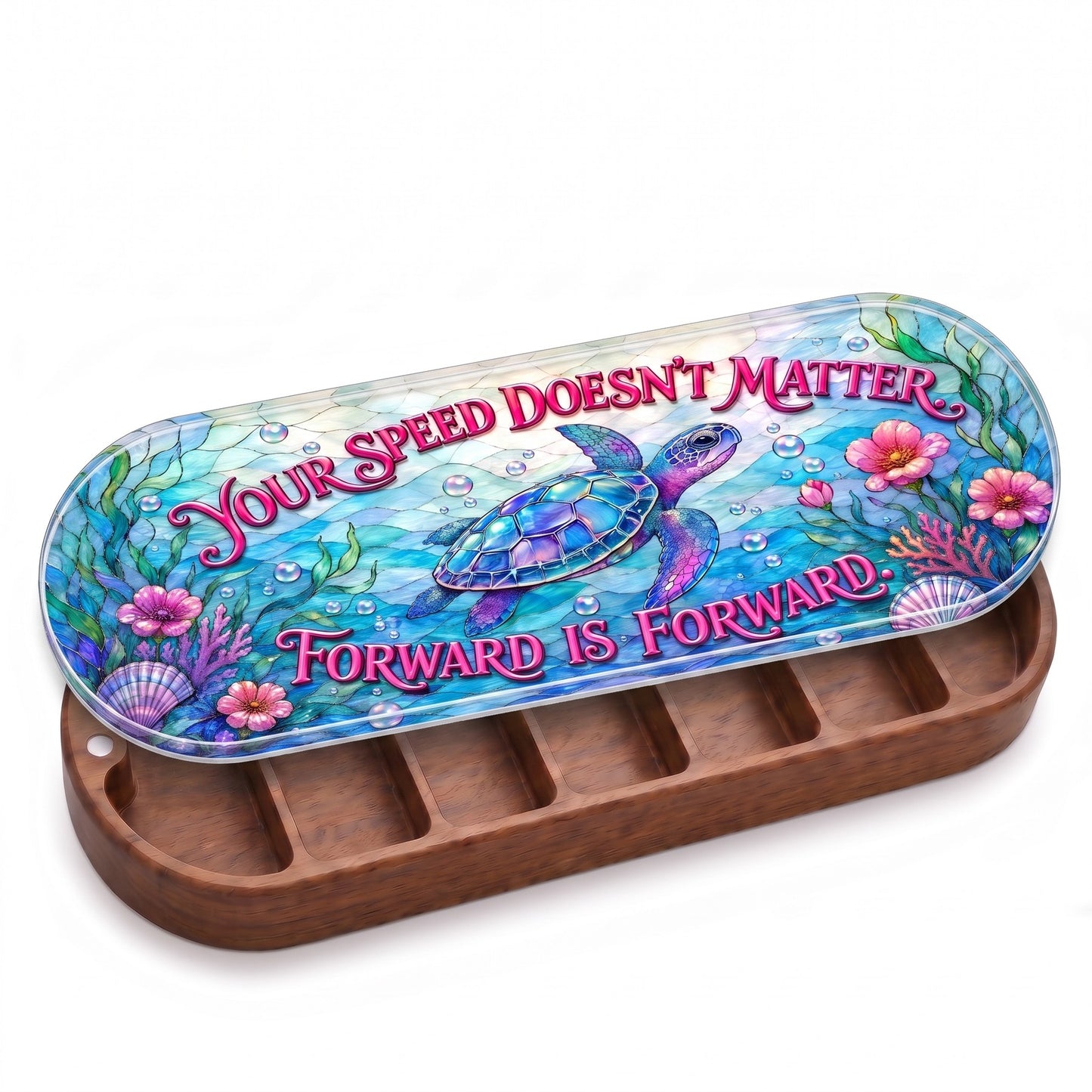Open wooden Pillcase with sea turtle artwork and Forward Is Forward message on white