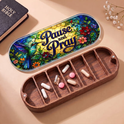 Pause and Pray hummingbird Pillcase with Holy Bible and daily tablets