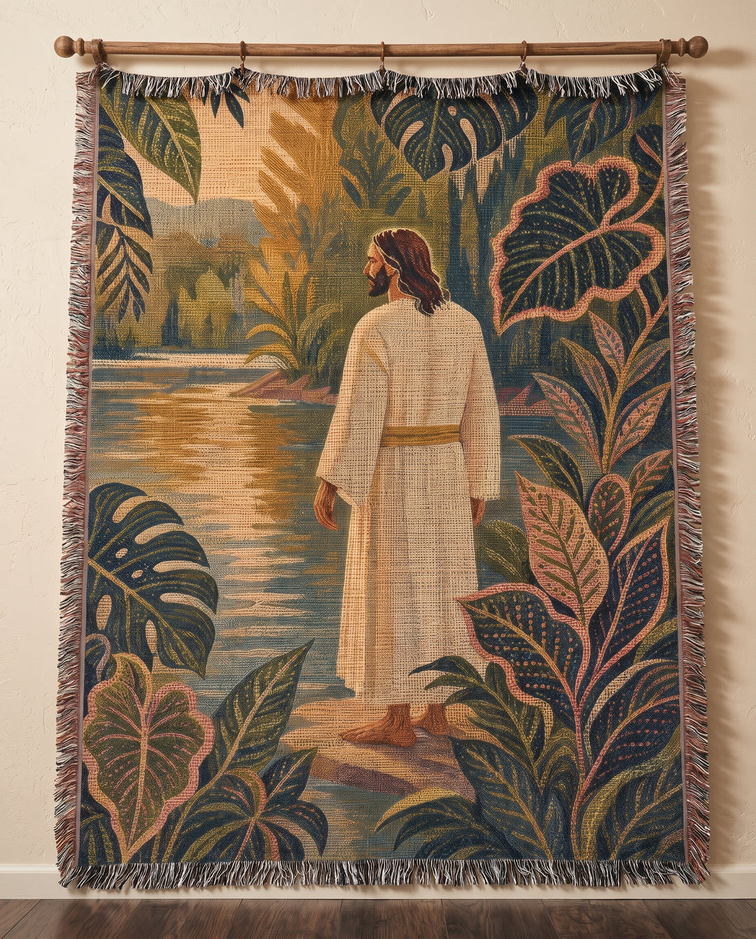 Wall tapestry styling - Beside Still Waters with Jesus Woven Blanket