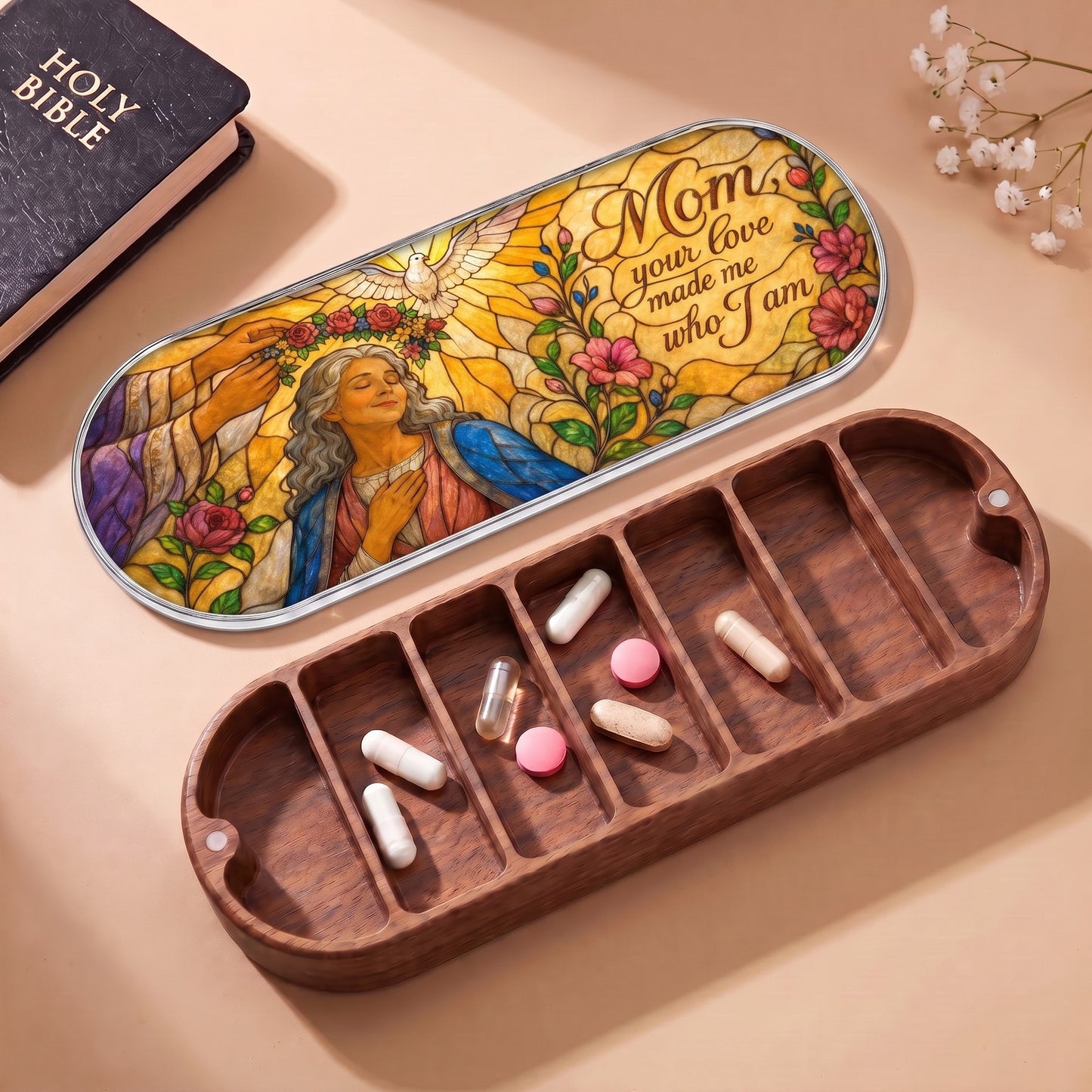Mom Your Love Made Me Who I Am Pillcase with Holy Bible and daily tablets
