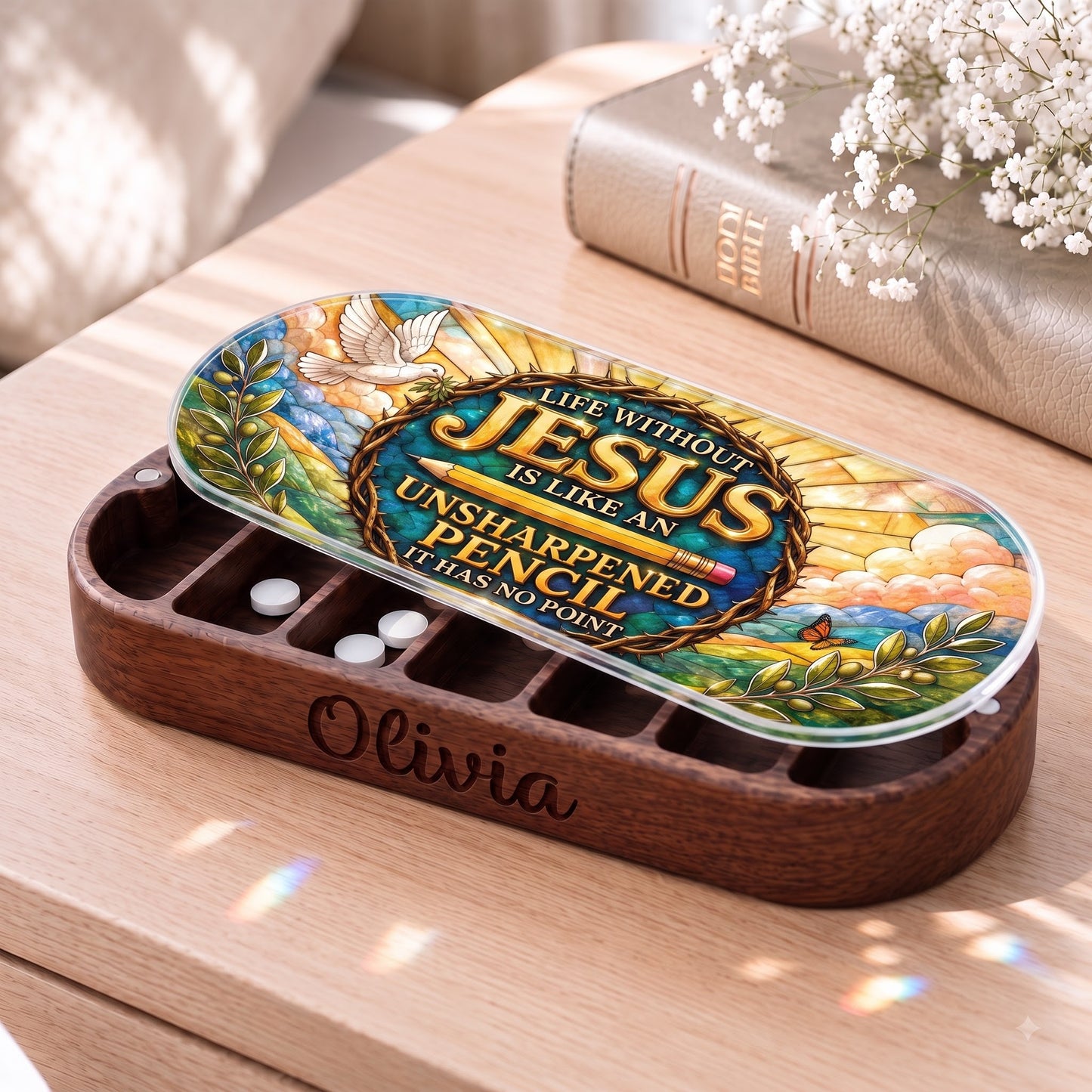 Personalized Olivia wooden Pillcase with Life Without Jesus unsharpened pencil stained-glass artwork beside a Holy Bible