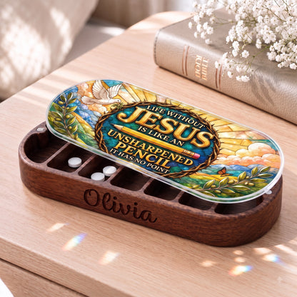 Personalized Olivia wooden Pillcase with Life Without Jesus unsharpened pencil stained-glass artwork beside a Holy Bible