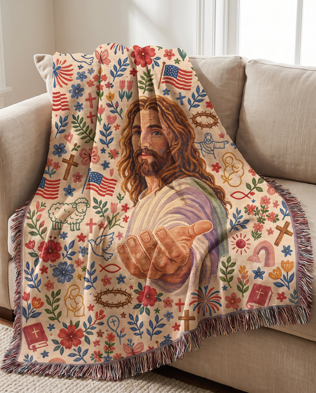 Sofa styling - Welcoming Savior Folk Faith Woven Blanket