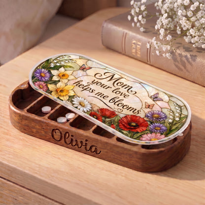 Personalized Olivia Pillcase with poppies, daffodils, butterflies and Mom Your Love Helps Me Bloom lid