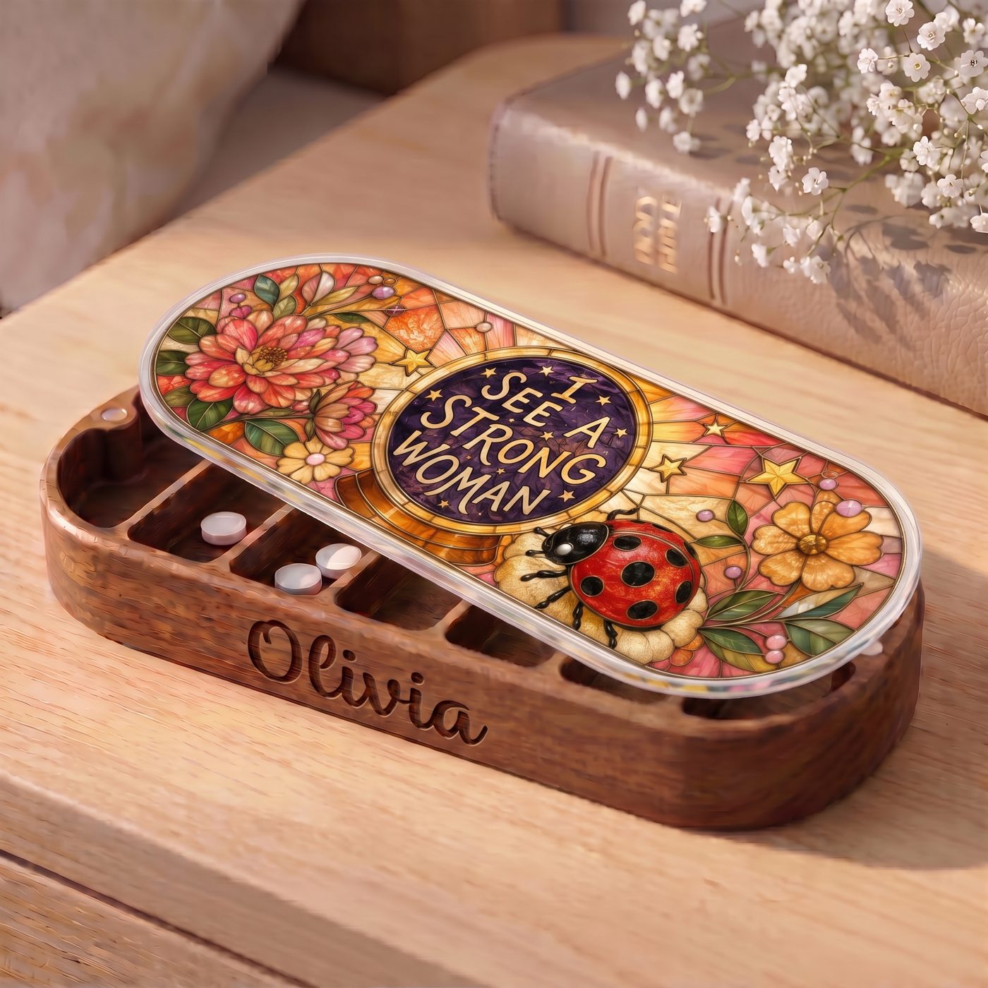 "I See a Strong Woman — Ladybug & Floral Stained Glass" Pill Case — personalized open I See a Strong Woman Pill Case on a wooden table