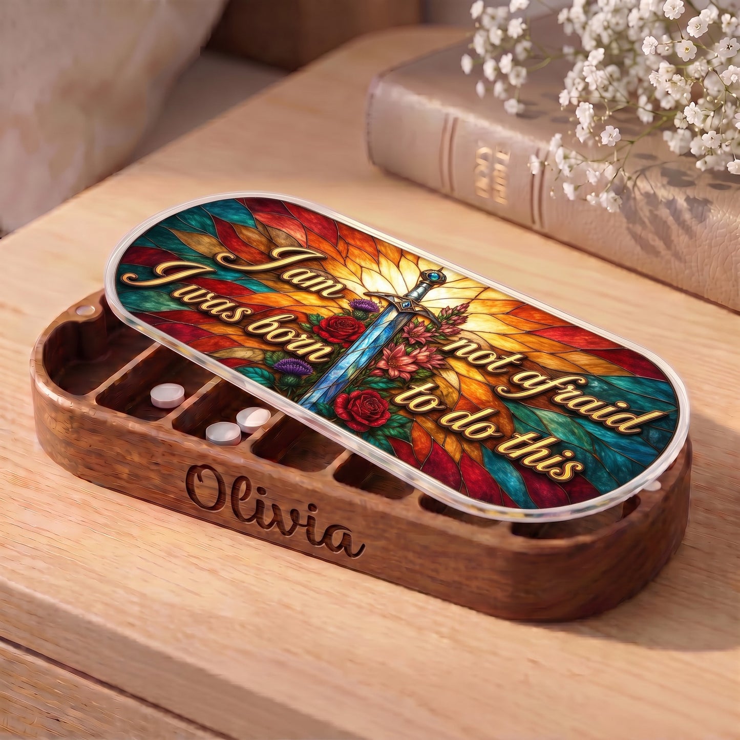 Personalized Olivia Pillcase with blue sword, red roses and inspirational artwork