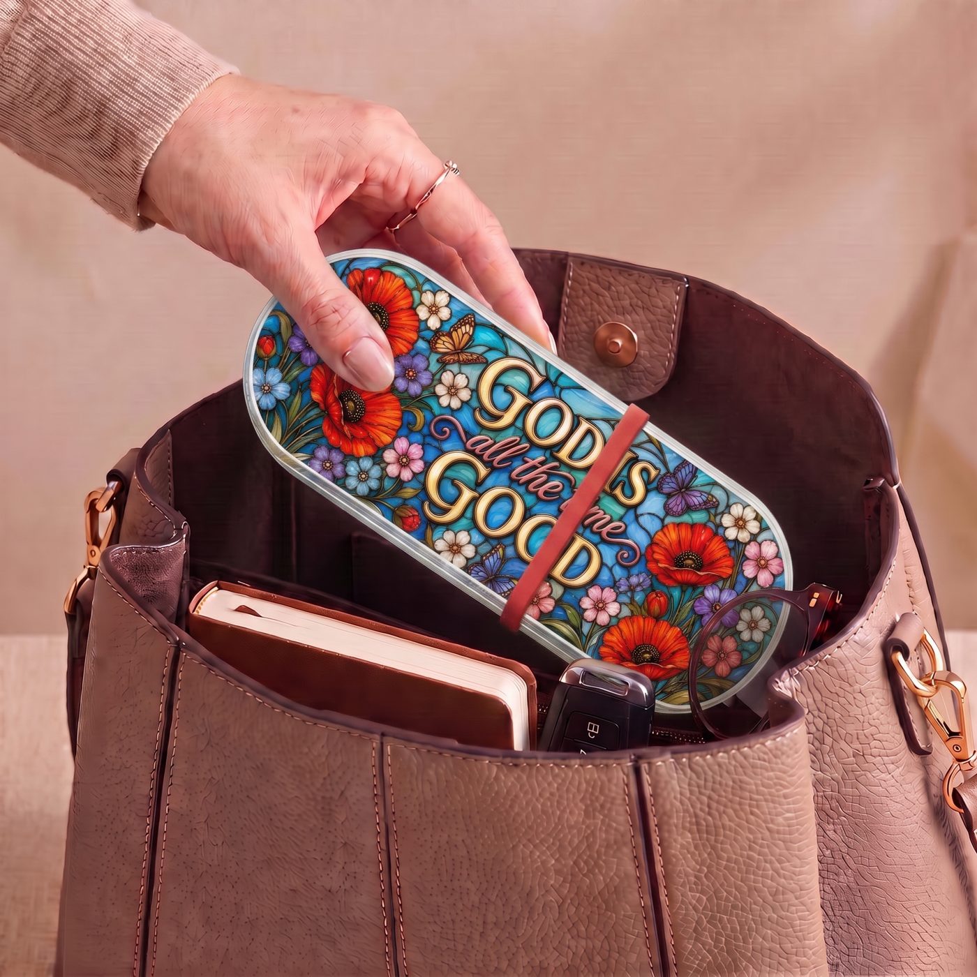"God Is Good All the Time — Poppy Stained Glass" Pill Case dimensions and features