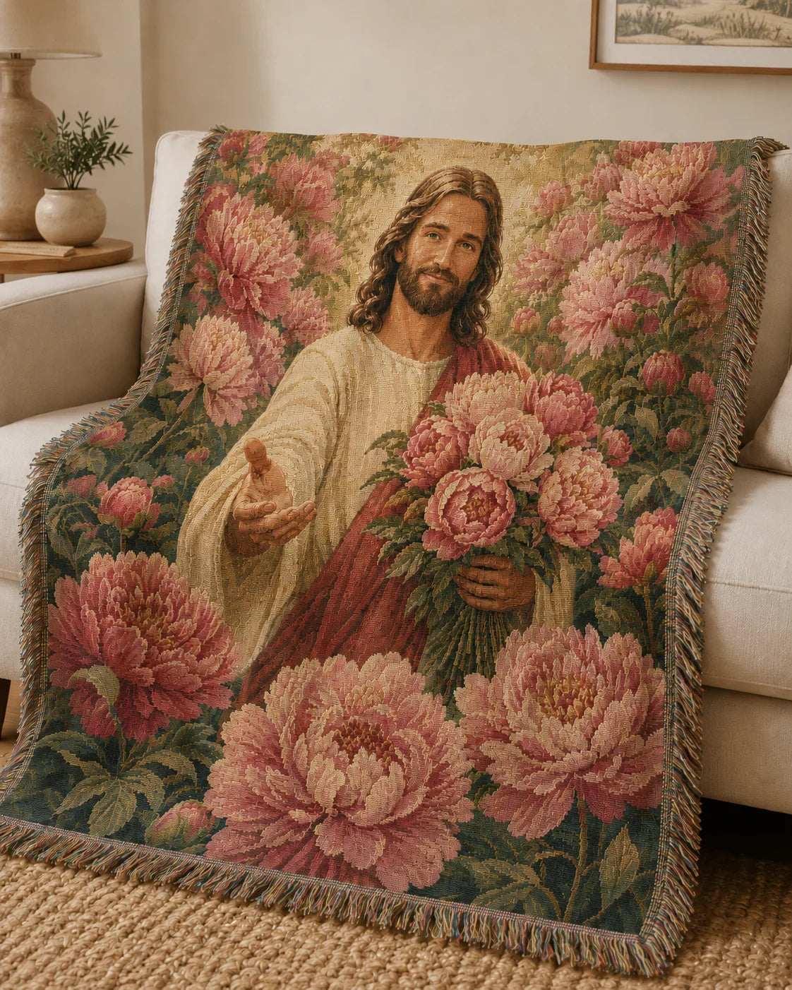 Sofa styling - Jesus Bouquet of Grace Floral Woven Blanket