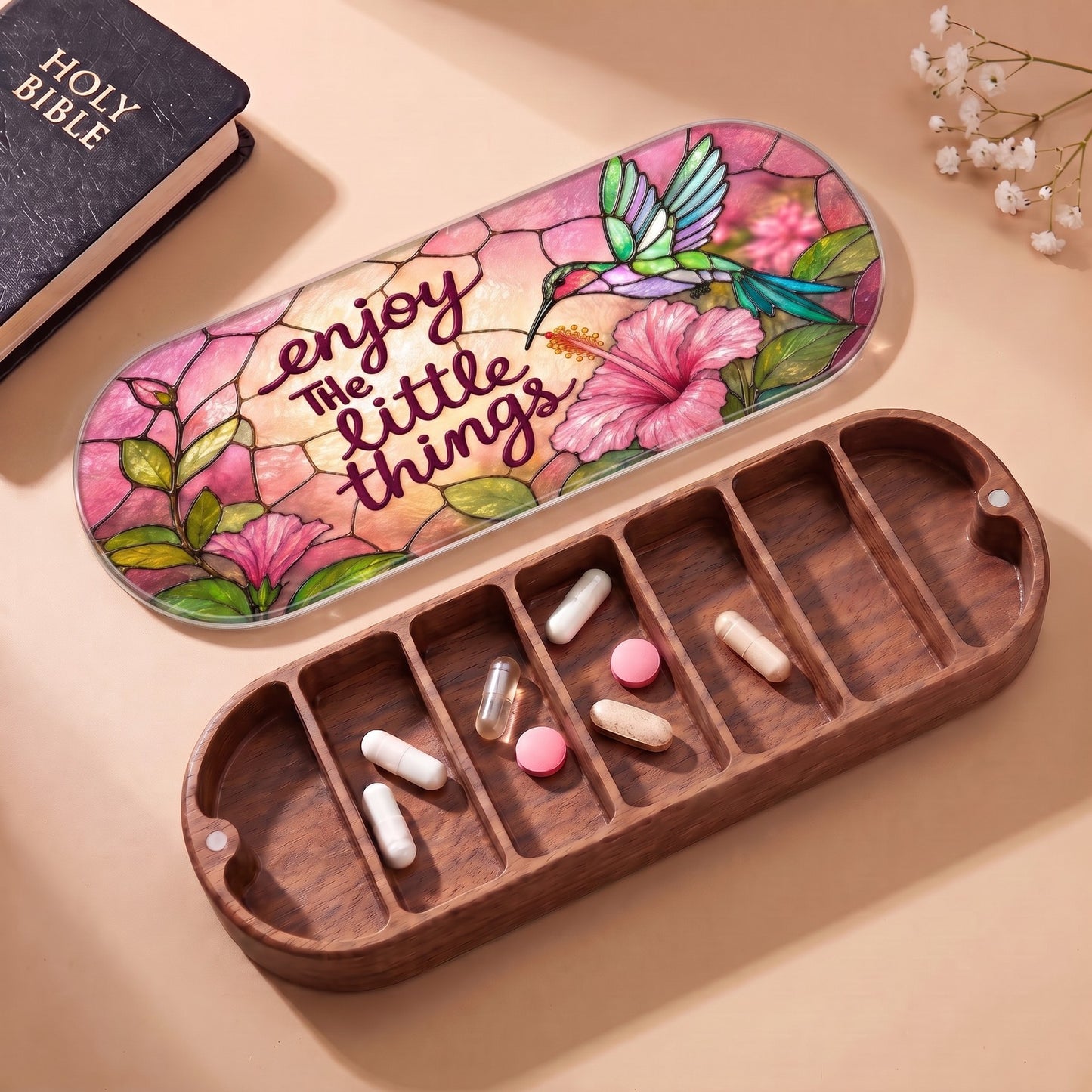 Enjoy the Little Things Pillcase with Holy Bible and daily tablets