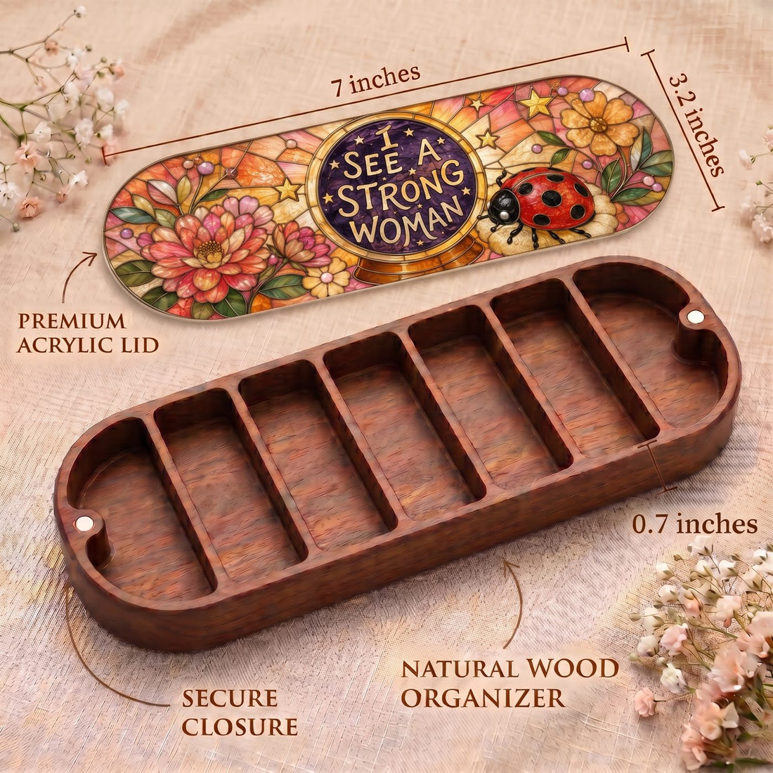 "I See a Strong Woman — Ladybug & Floral Stained Glass" Pill Case — Pill Case dimensions, acrylic ladybug lid, natural wood organizer, and secure closure