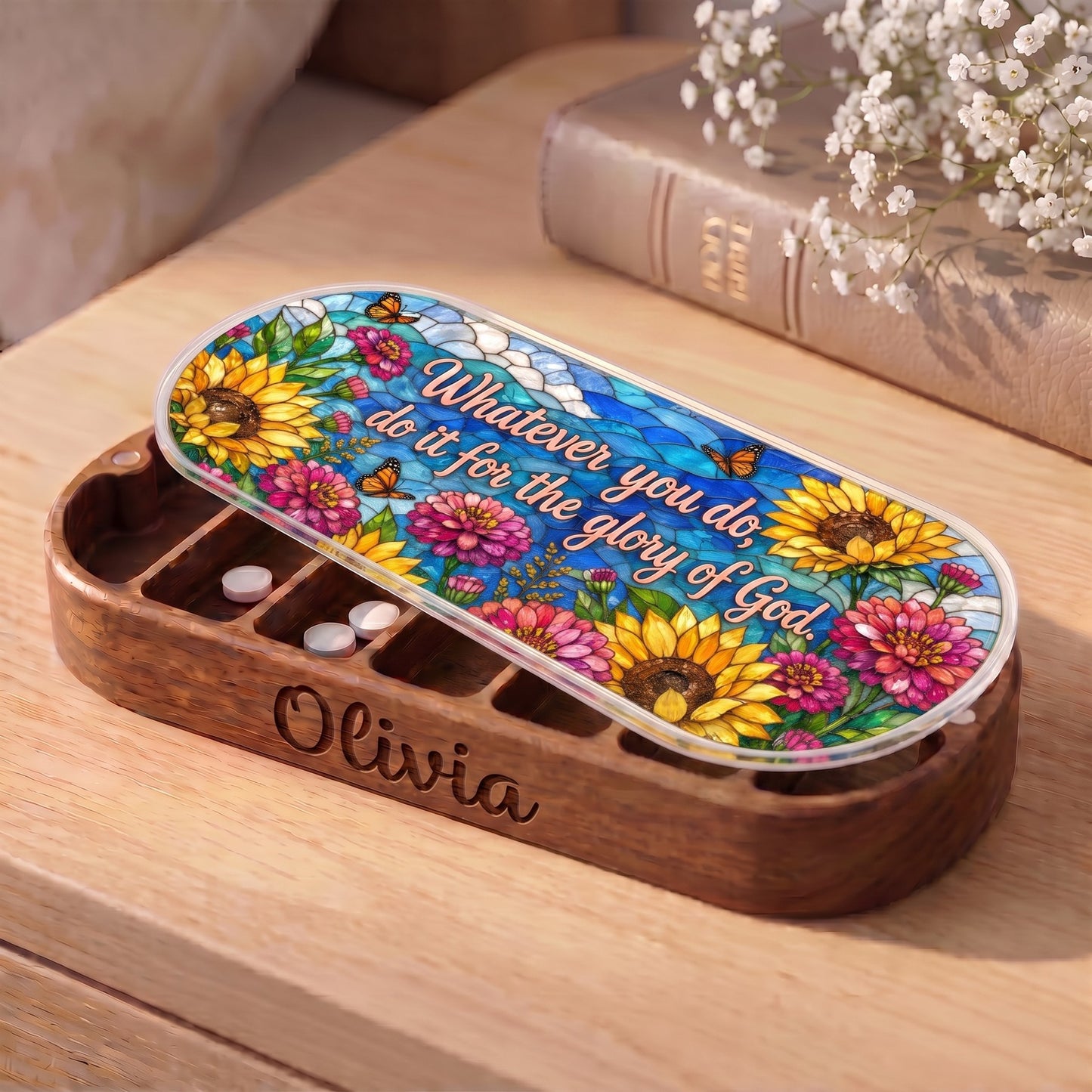 Personalized Pillcase with sunflower monarch stained-glass artwork on bedside table
