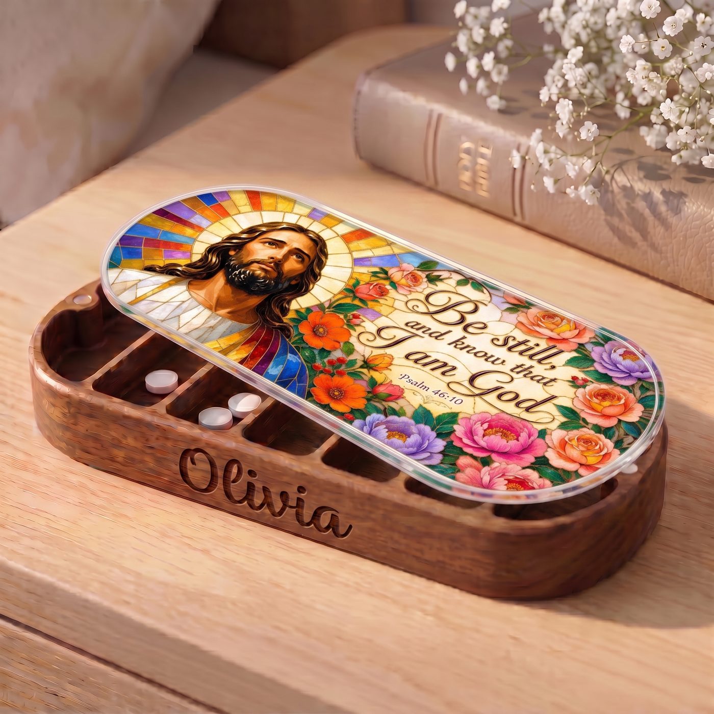 Be Still and Know Psalm 46:10 Stained Glass Pill Case clean product view
