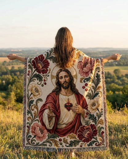 Golden hillside lifestyle - Sacred Heart Jesus Floral Woven Blanket