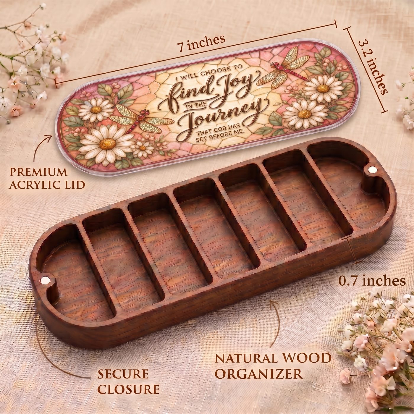 "I Will Choose to Find Joy in the Journey That God Has Set Before Me — Daisy & Dragonfly Stained Glass" Pill Case clean product view