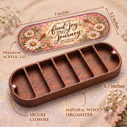 "I Will Choose to Find Joy in the Journey That God Has Set Before Me — Daisy & Dragonfly Stained Glass" Pill Case clean product view