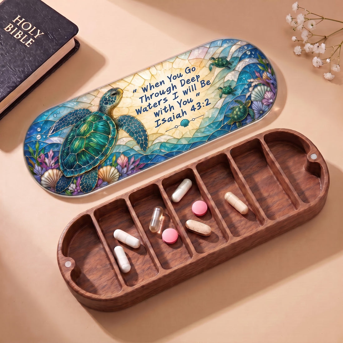 Open wooden Pillcase with Isaiah 43:2 sea turtle lid, Holy Bible and daily tablets