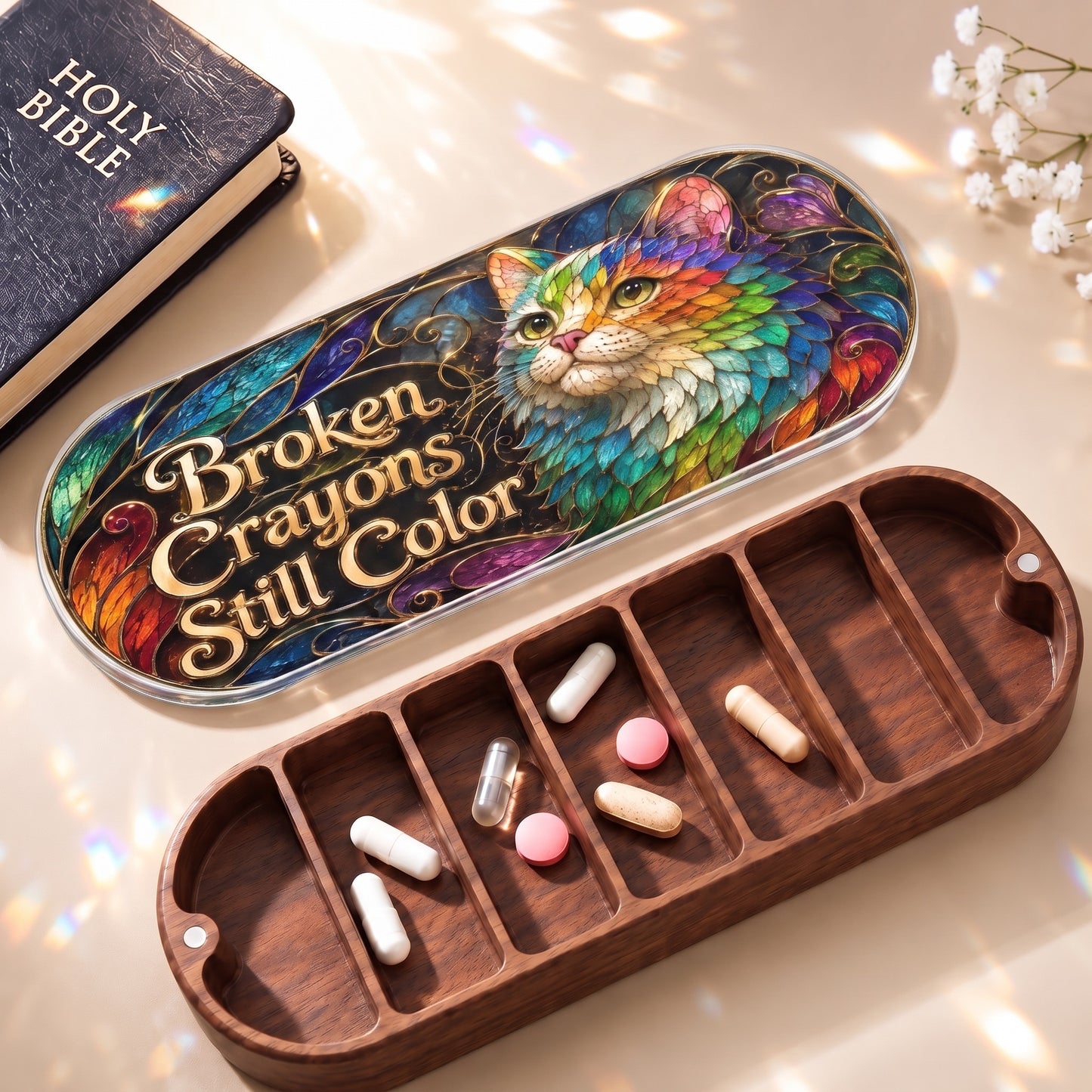 Broken Crayons Still Color rainbow cat Pillcase with Holy Bible, daily tablets and open wooden compartments