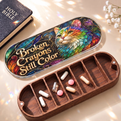 Broken Crayons Still Color rainbow cat Pillcase with Holy Bible, daily tablets and open wooden compartments