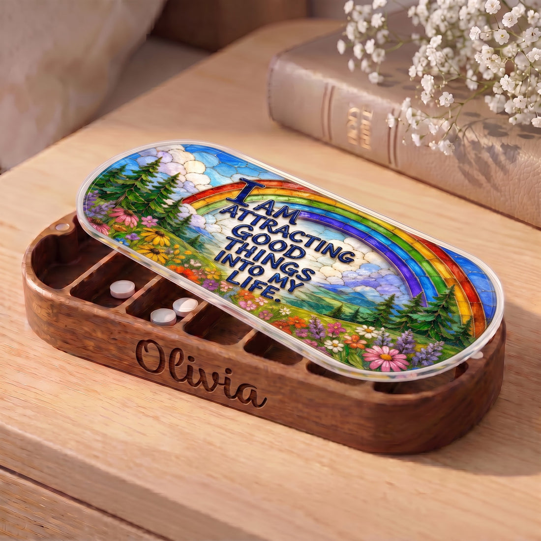 Personalized Olivia Pillcase with I Am Attracting Good Things rainbow meadow lid on a bedside table