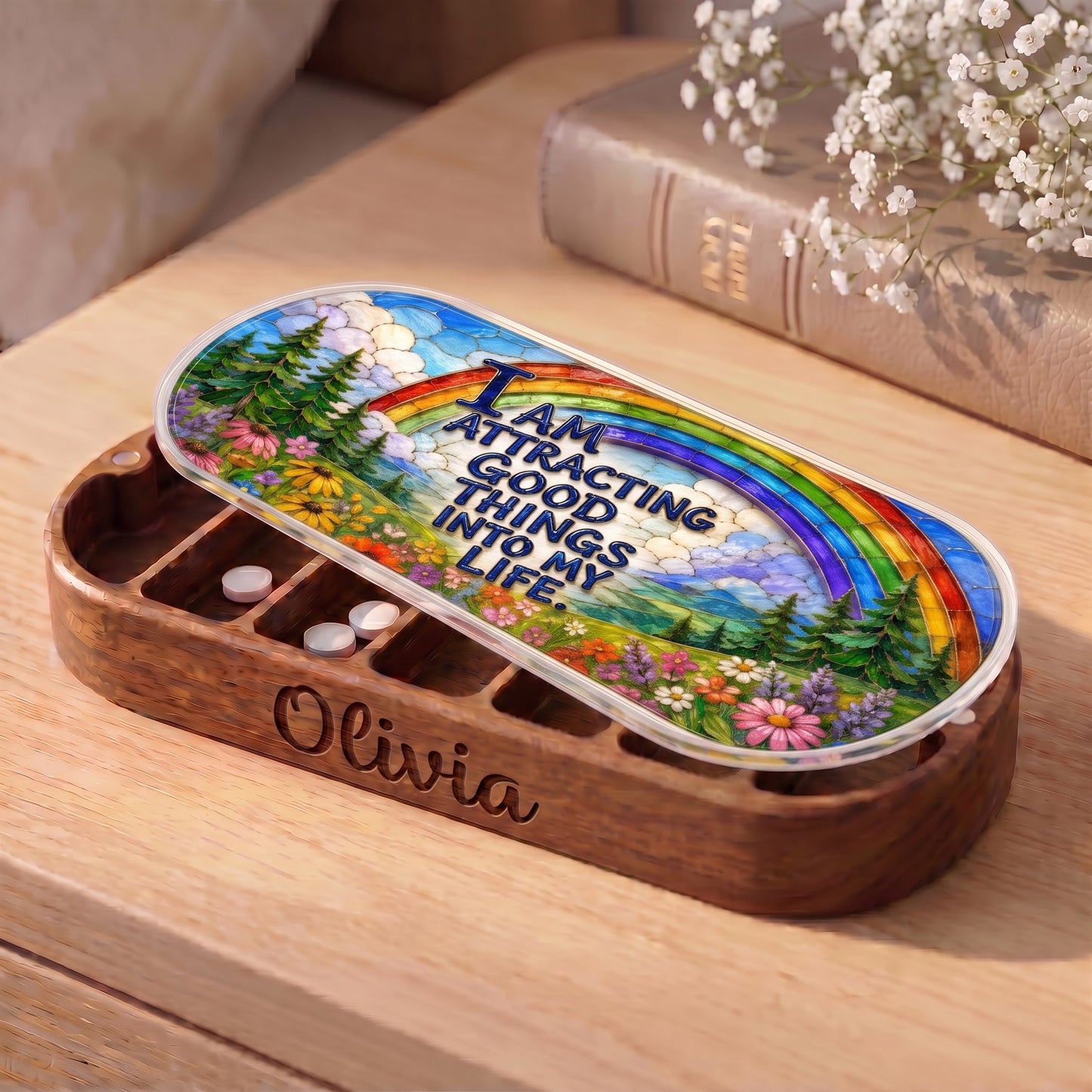 Personalized Olivia Pillcase with I Am Attracting Good Things rainbow meadow lid on a bedside table