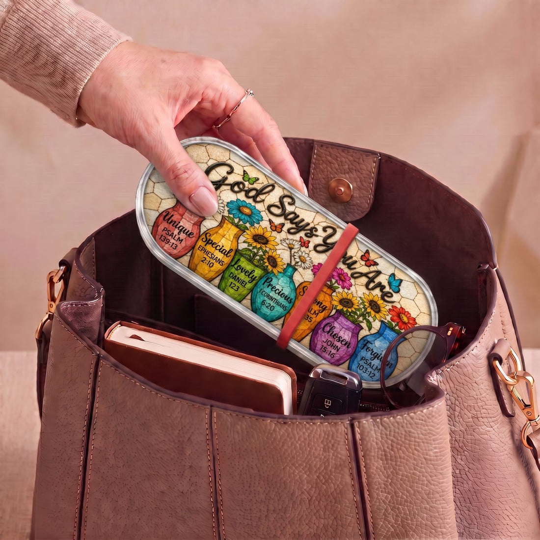 "God Says You Are — Christian Affirmation Floral Mosaic" Pill Case — God Says You Are floral Pill Case carried inside a handbag