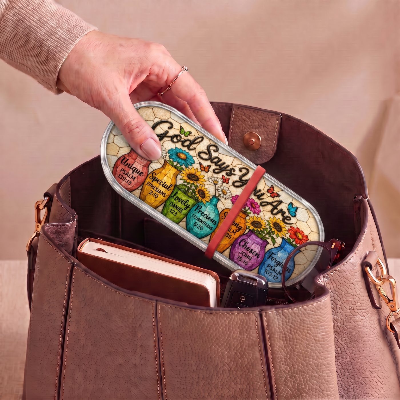 "God Says You Are — Christian Affirmation Floral Mosaic" Pill Case — God Says You Are floral Pill Case carried inside a handbag