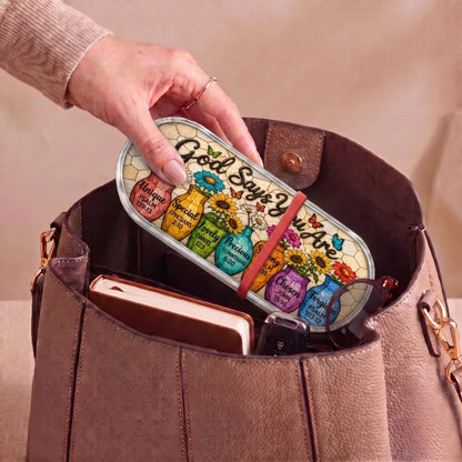 "God Says You Are — Christian Affirmation Floral Mosaic" Pill Case — God Says You Are floral Pill Case carried inside a handbag