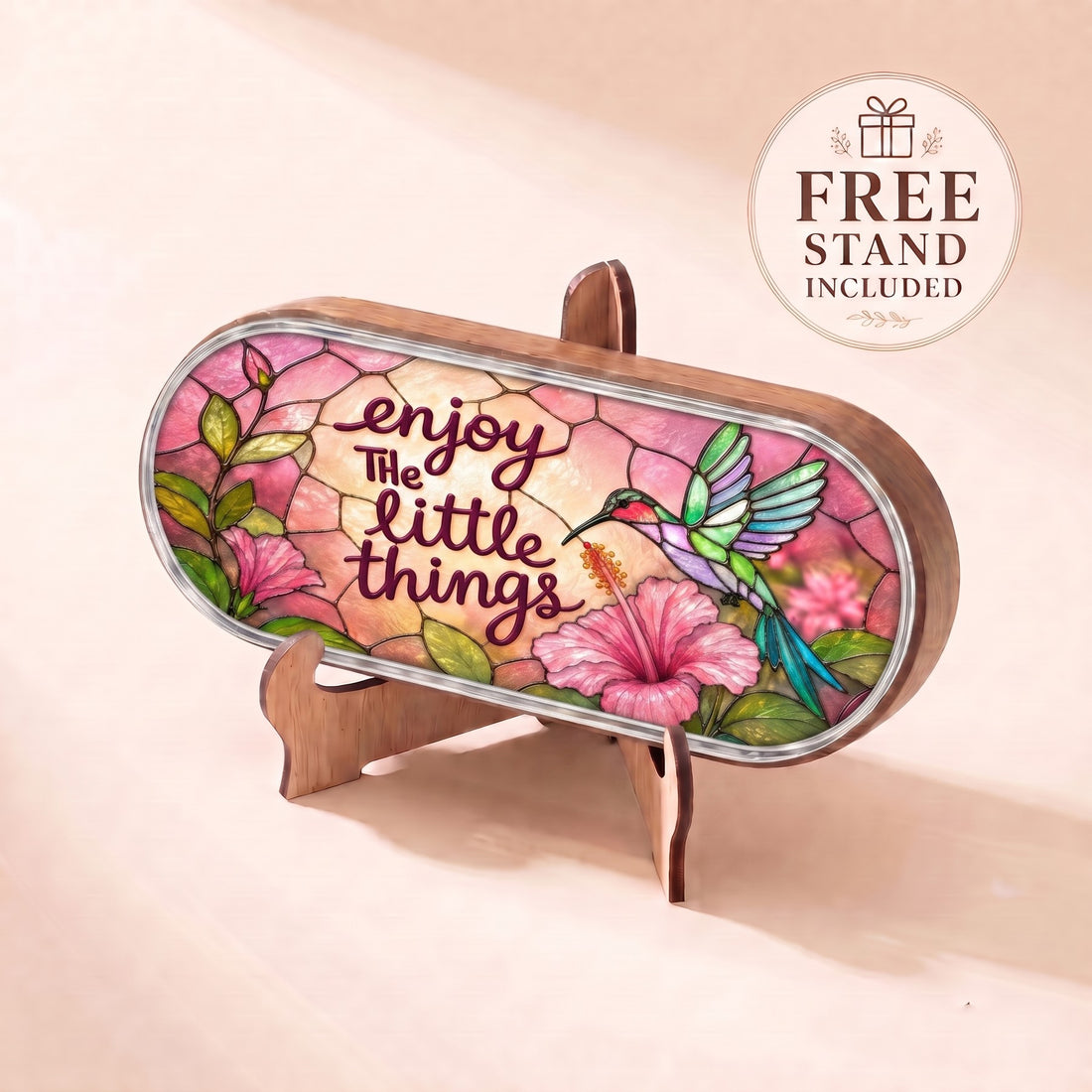Enjoy the Little Things hummingbird Pillcase displayed on included wooden stand