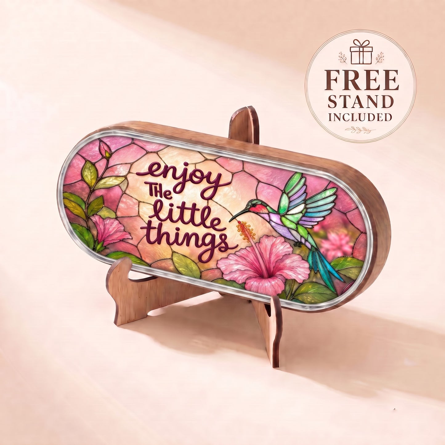 Enjoy the Little Things hummingbird Pillcase displayed on included wooden stand