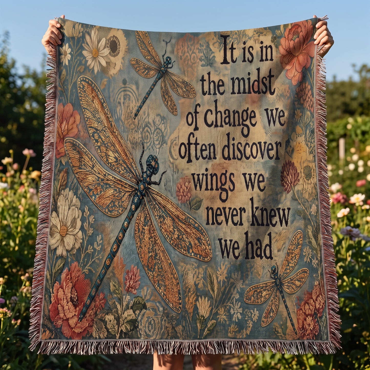 It Is in the Midst of Change Dragonfly Botanical Woven Blanket