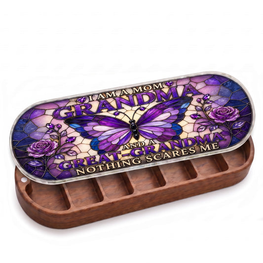 Open wooden Pillcase with I Am a Mom Grandma and Great-Grandma purple butterfly and roses lid on white