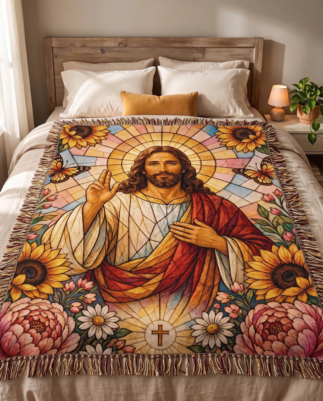Radiant Savior - Stained Glass Jesus Woven Blanket