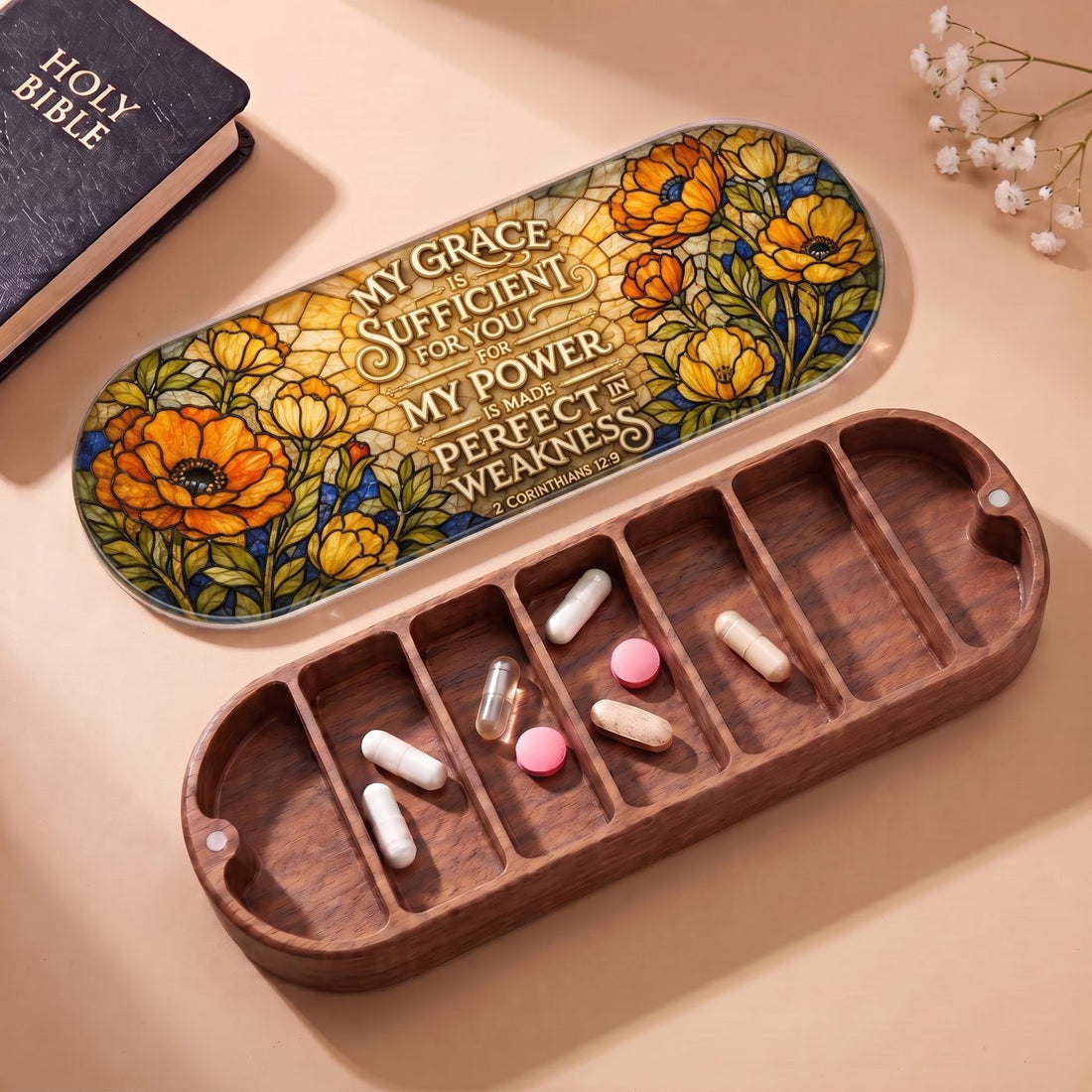 "My Grace Is Sufficient for You — 2 Corinthians 12:9" Pill Case — open Pill Case with Holy Bible, flowers, and assorted pills