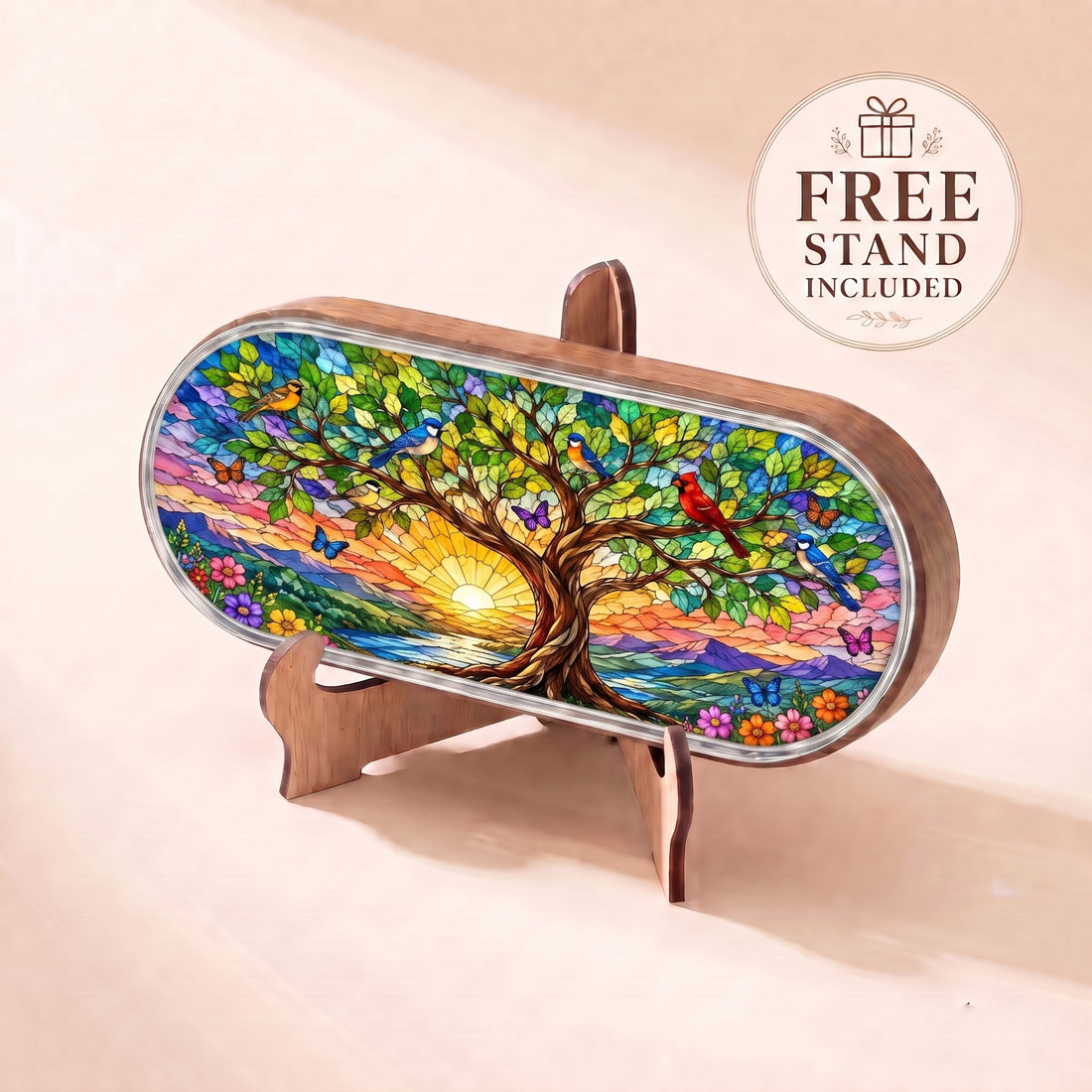 Tree of Life at Sunrise Pillcase with songbirds, butterflies and colorful flowers displayed on included stand