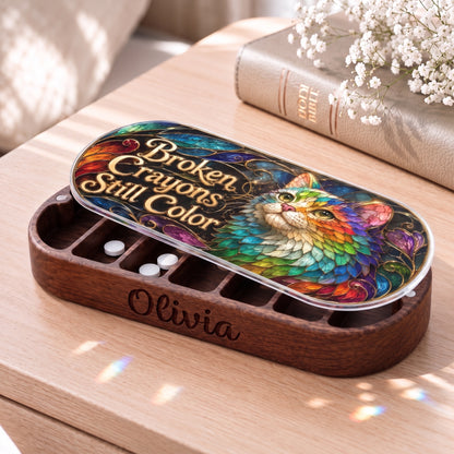 Personalized Olivia wooden Pillcase with Broken Crayons Still Color rainbow cat stained-glass artwork beside a Holy Bible
