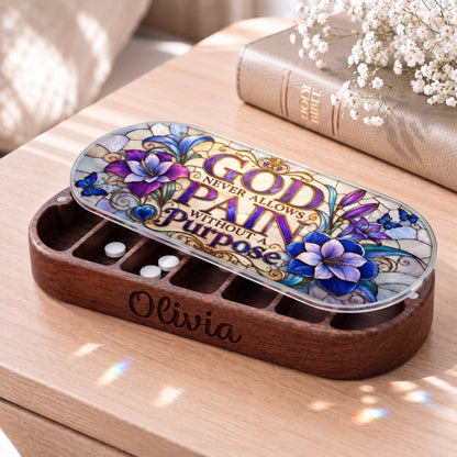 Personalized Olivia Pillcase with God Never Allows Pain Without a Purpose purple floral butterfly artwork beside a Holy Bible