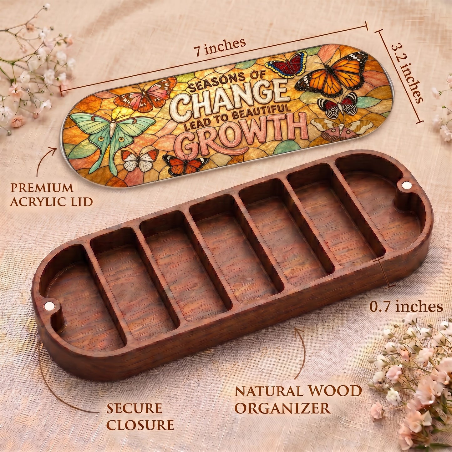 Seasons of Change Pillcase dimensions with acrylic lid, secure closure and natural wood organizer