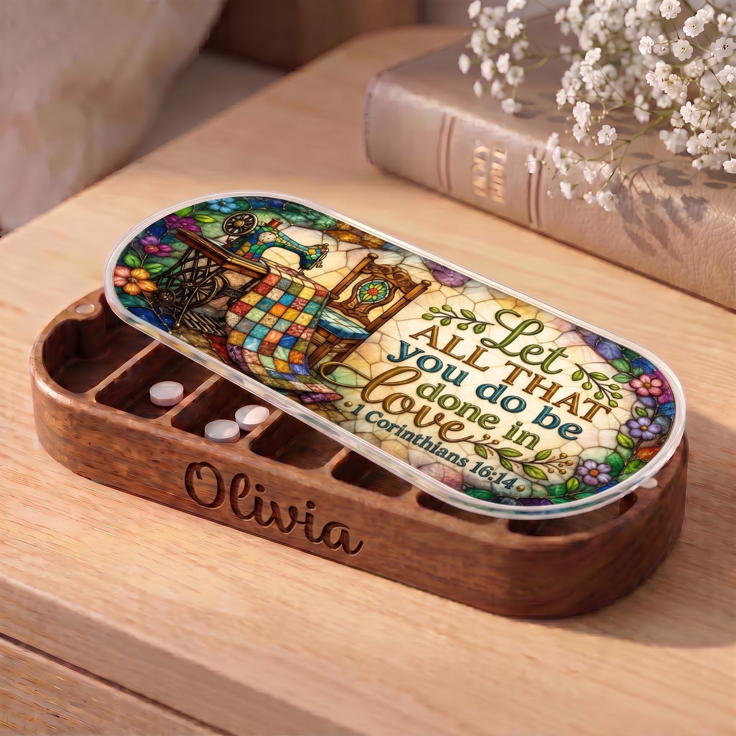 Personalized Olivia Pillcase with patchwork quilt, vintage sewing scene and 1 Corinthians 16:14 lid